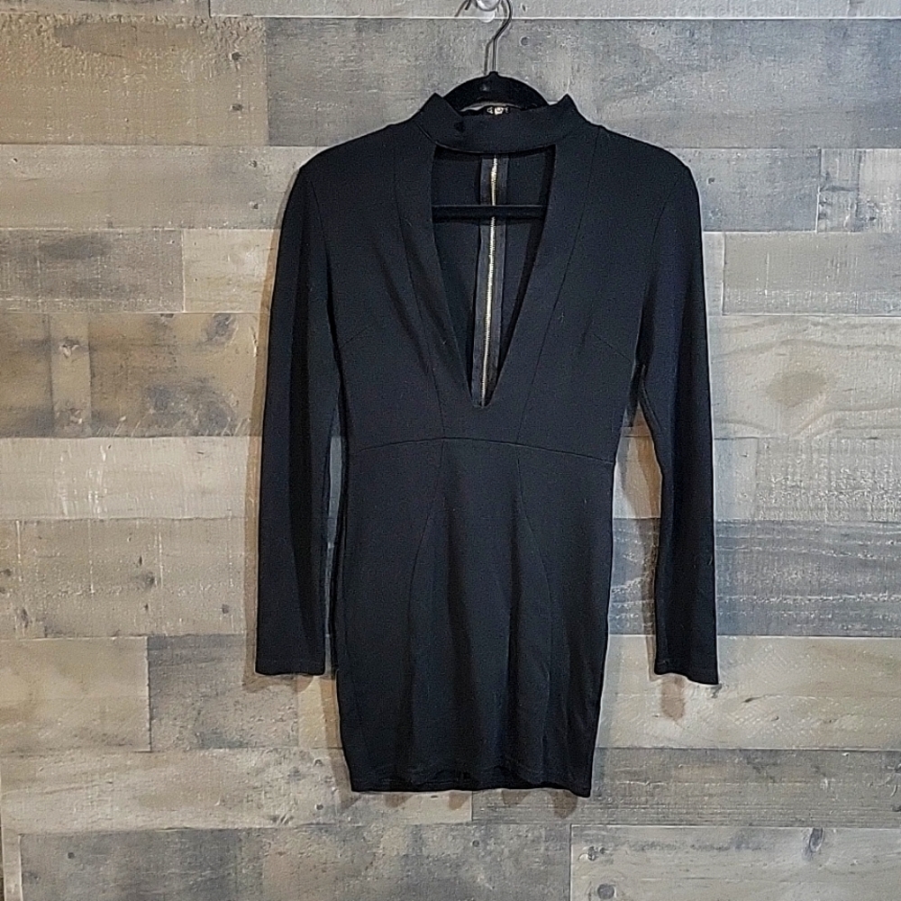 Privy Sexy Deep V Mock Neck Long Sleeve Black Dress - Size Small